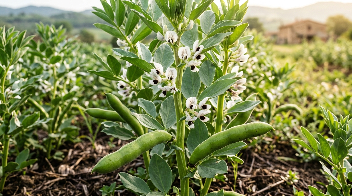 Piante di fave da orto in fioritura con caratteristici fiori bianchi e neri e primi baccelli