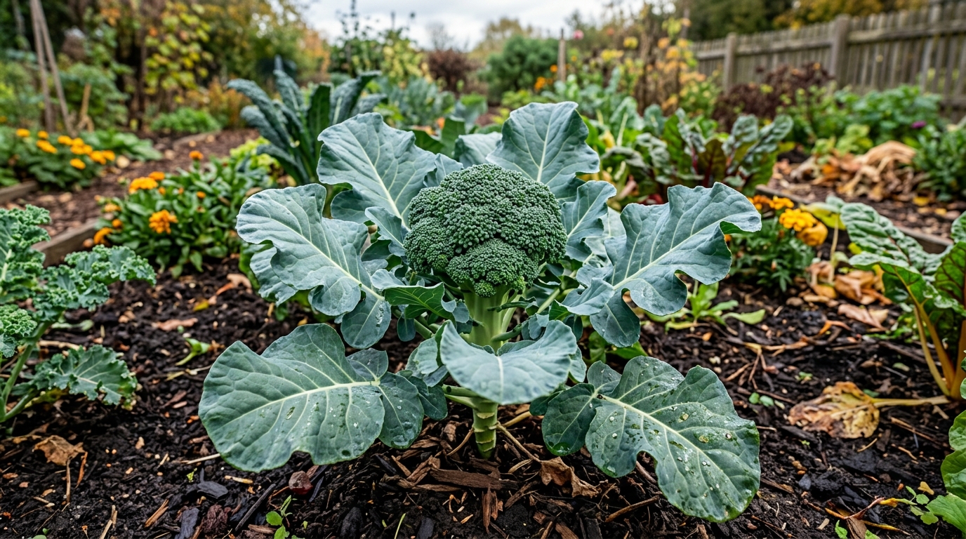 Testa di broccolo calabrese verde compatto con grandi foglie cerose in orto biologico