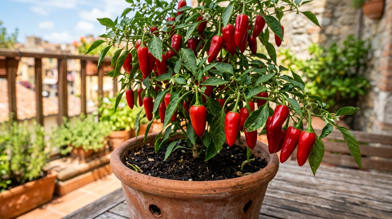 Piante di peperoncino in vaso