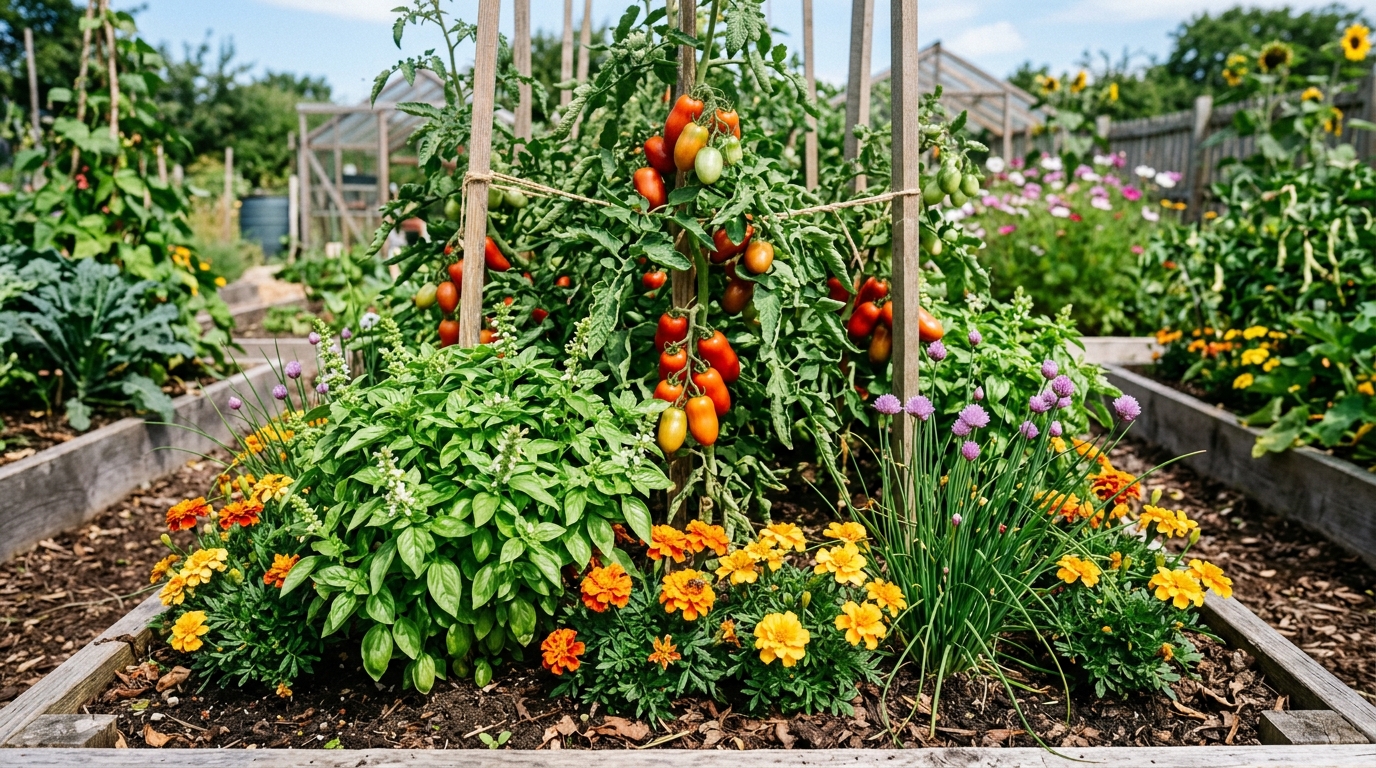 Aiuola di orto biologico sinergico con consociazione di pomodori, basilico e fiori di tagete
