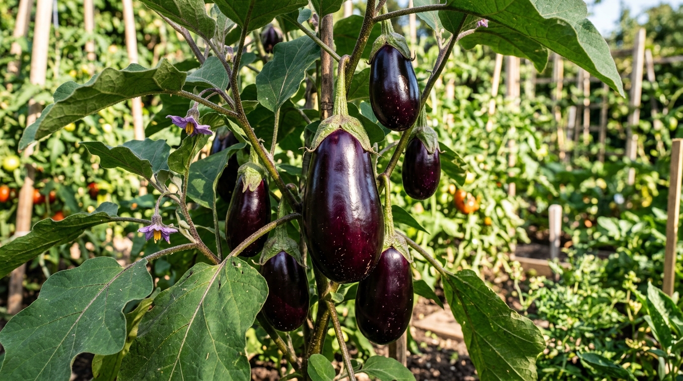 Pianta di melanzana rigogliosa con frutti viola
