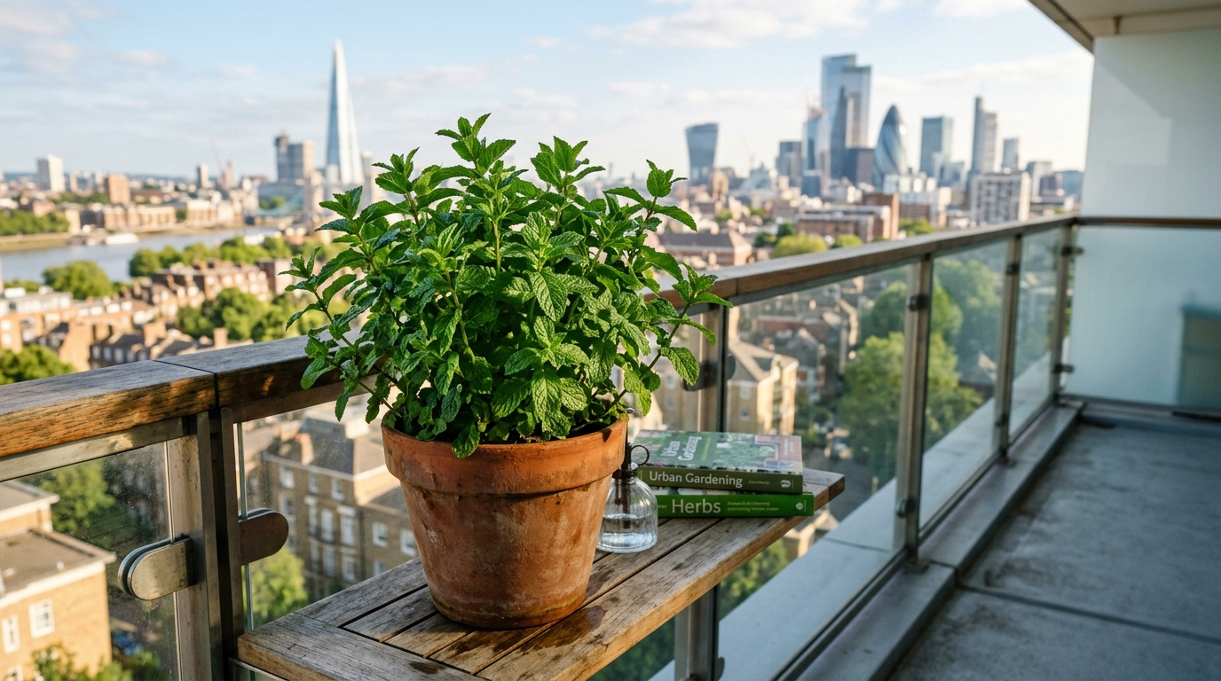 Vaso in terracotta sul balcone con rigoglioso cespuglio di menta piperita dalle foglie verdi e compatte