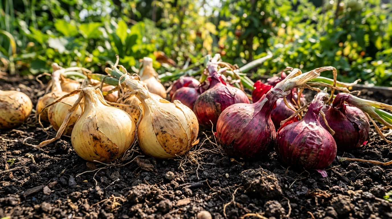 Cipolle rosse e dorate appena raccolte nel terreno