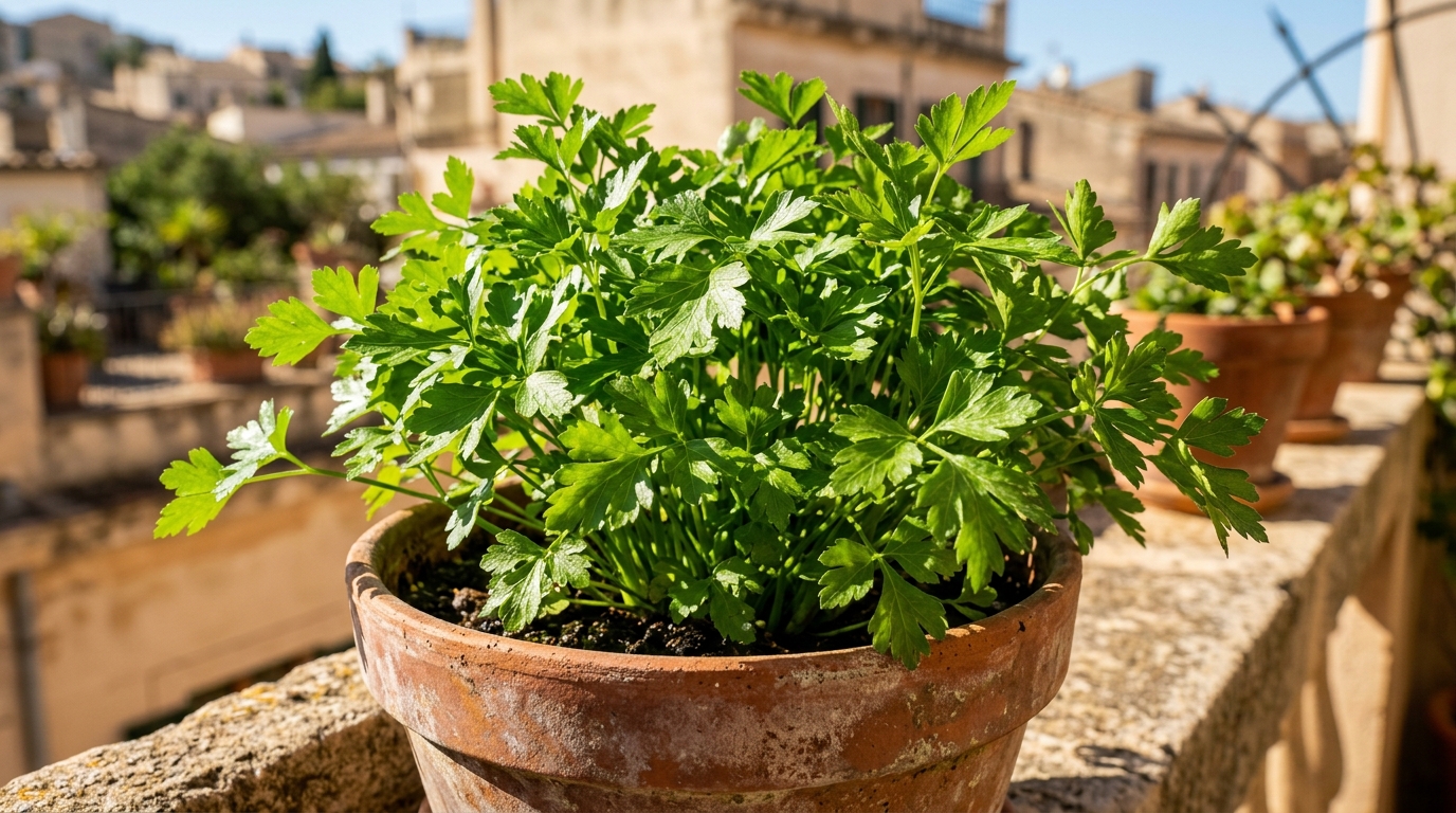 Vaso di prezzemolo rigoglioso sul balcone