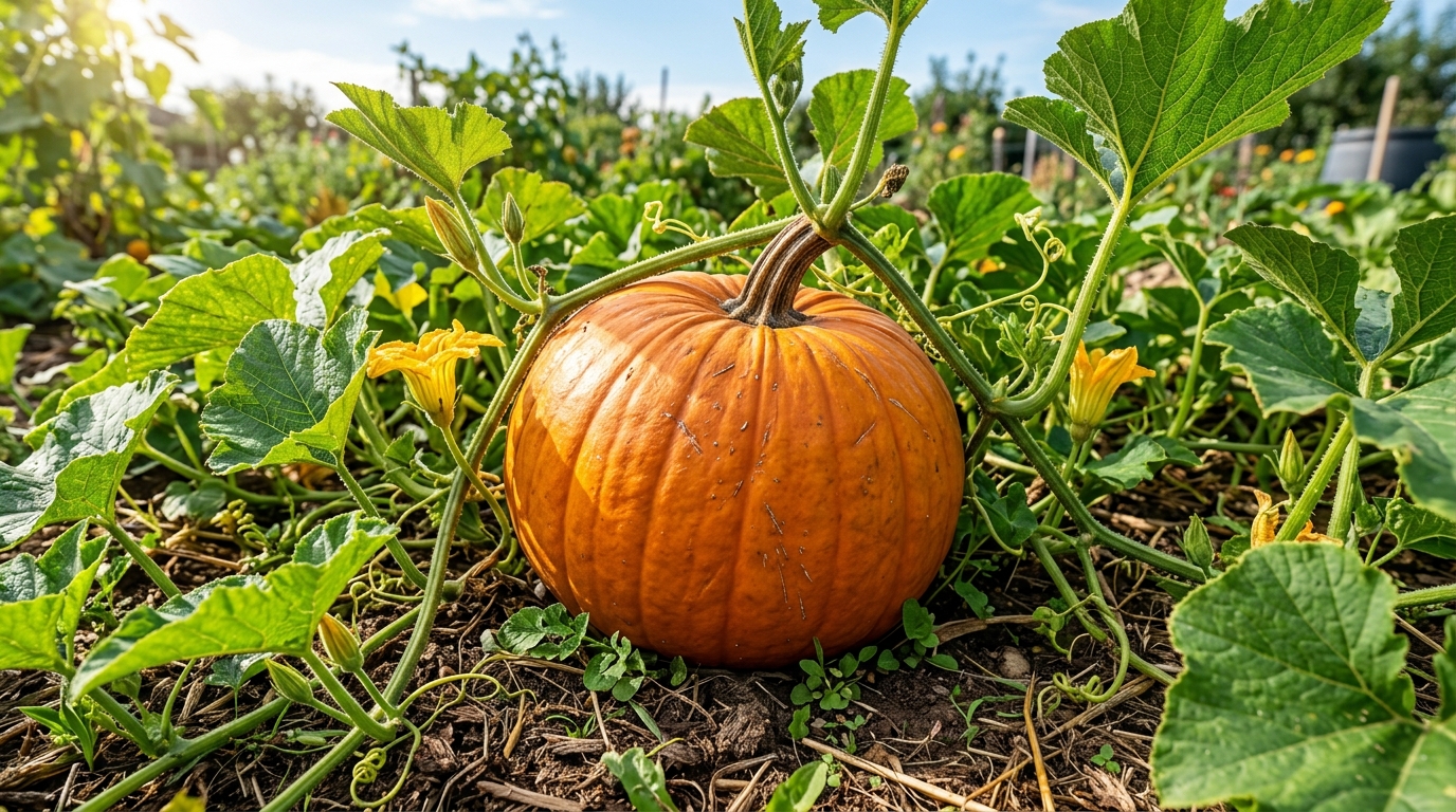 Zucca arancione matura sul campo nell orto