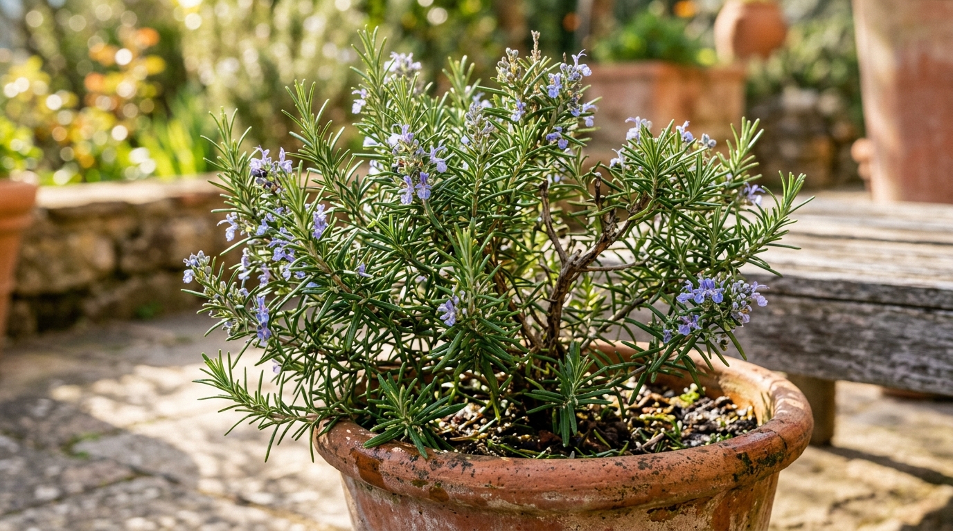 Pianta di rosmarino in vaso sul balcone