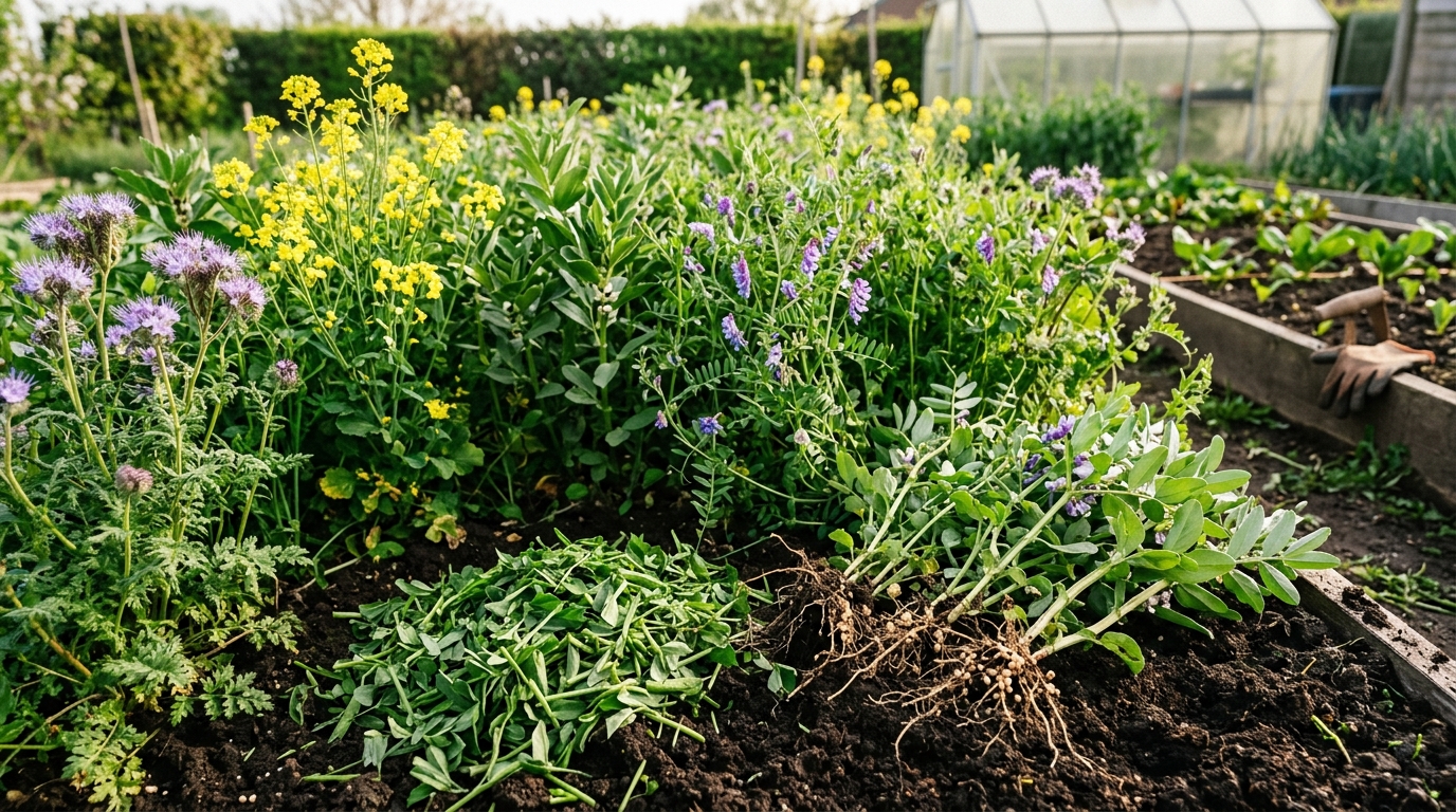Coltura da sovescio con senape fiorita, favino, veccia e biomassa verde trinciata su terreno fertile
