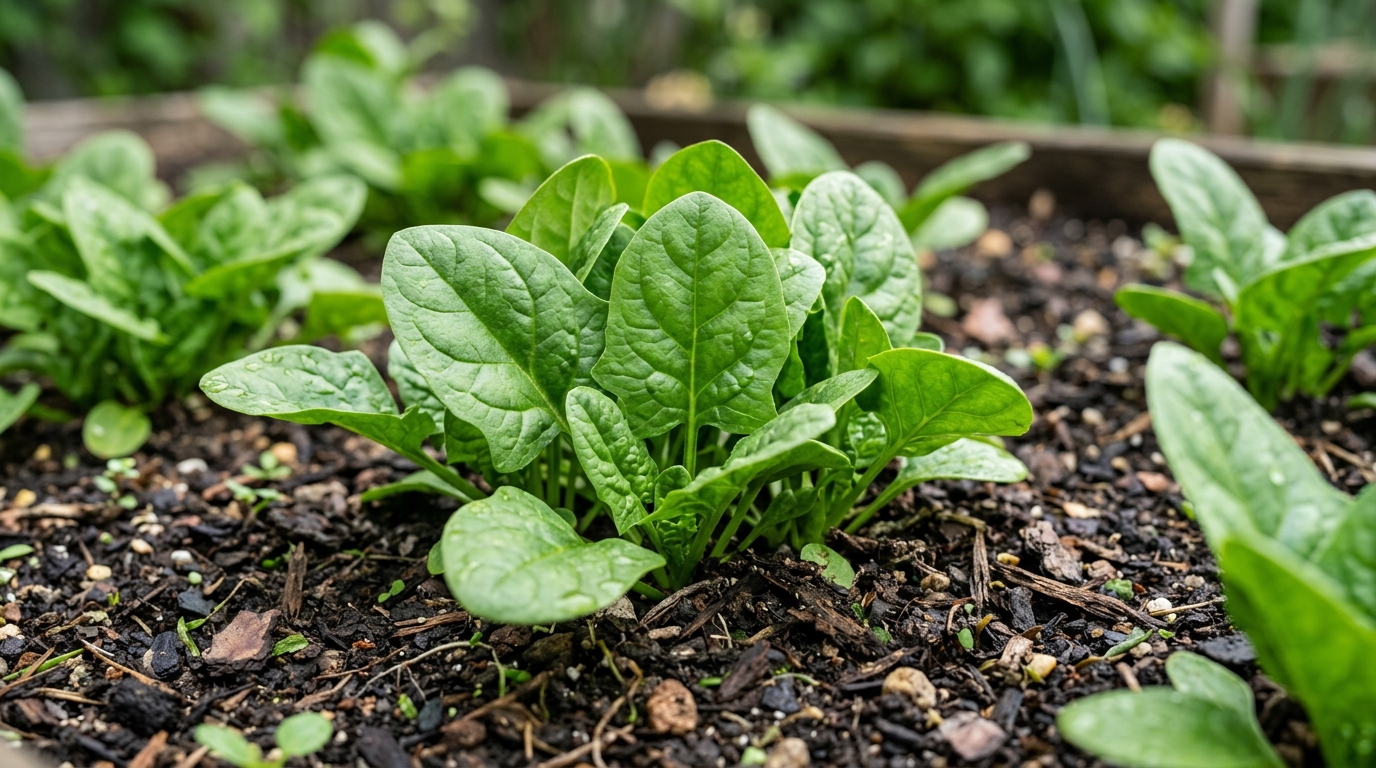 Foglie verdi di spinaci pronti per la raccolta nel letto di coltivazione