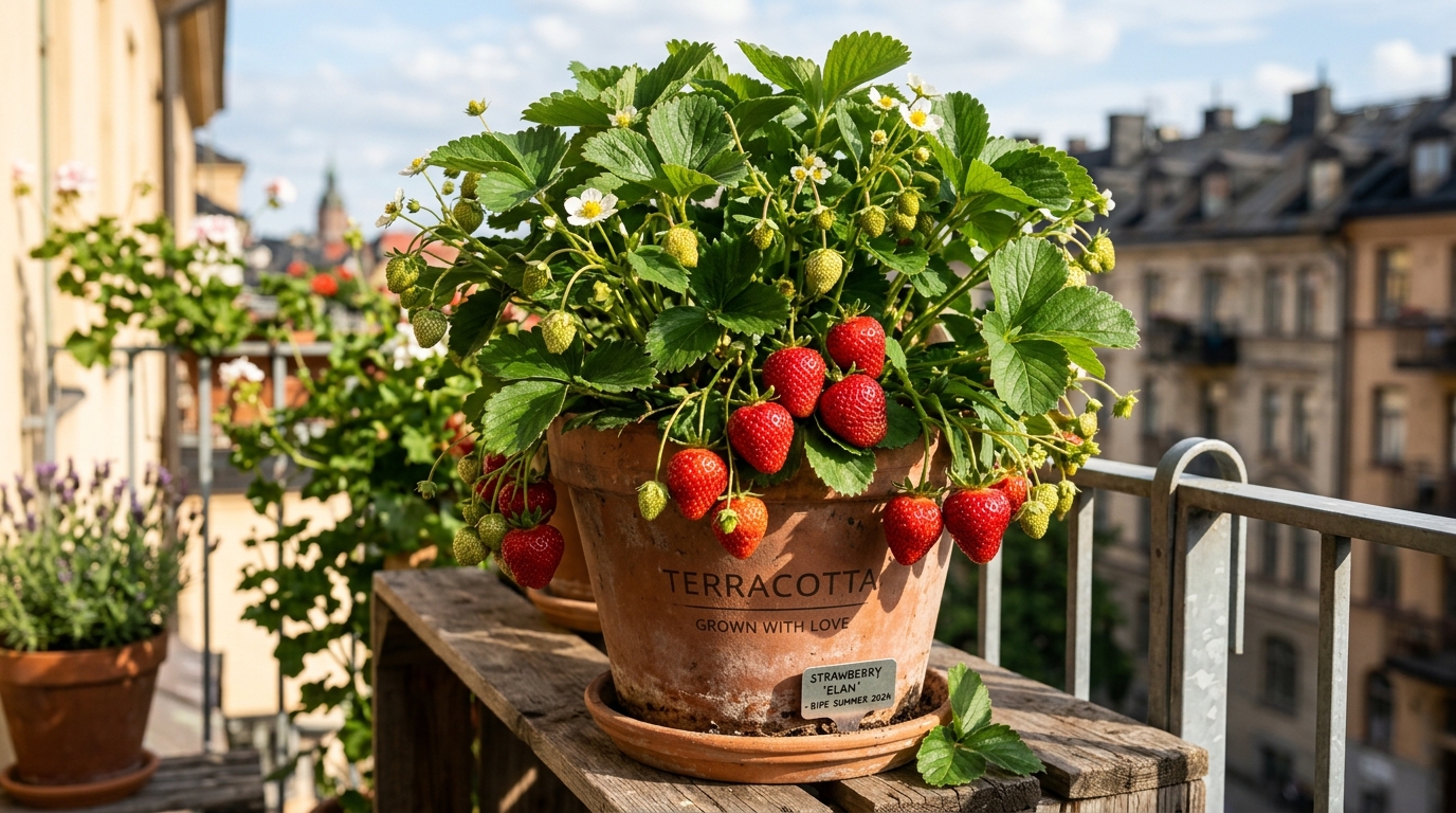 Pianta di fragole rigogliosa in vaso con frutti rossi
